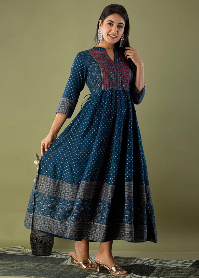 Teal Readymade Rayon Indian Dress