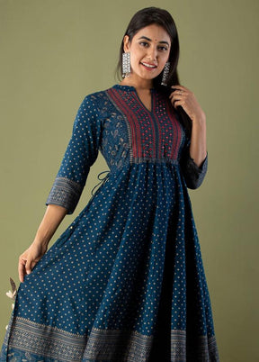 Teal Readymade Rayon Indian Dress