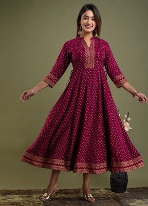 Wine Readymade Rayon Indian Dress