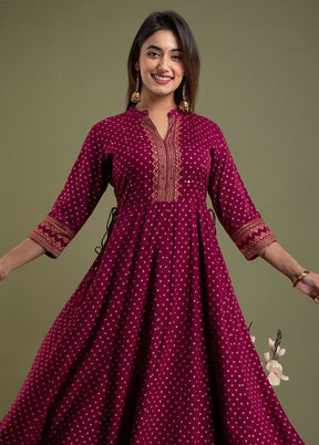 Wine Readymade Rayon Indian Dress