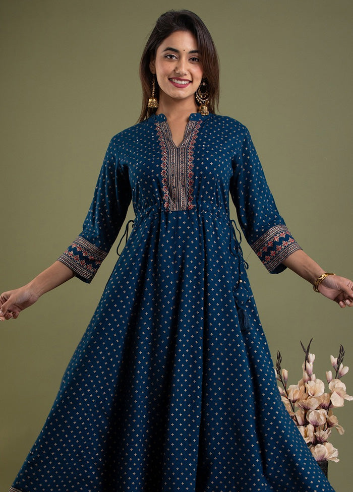 Teal Readymade Rayon Indian Dress