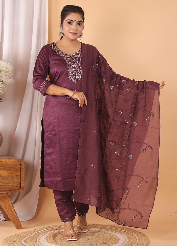 3 Pc Wine Readymade Rayon Suit Set