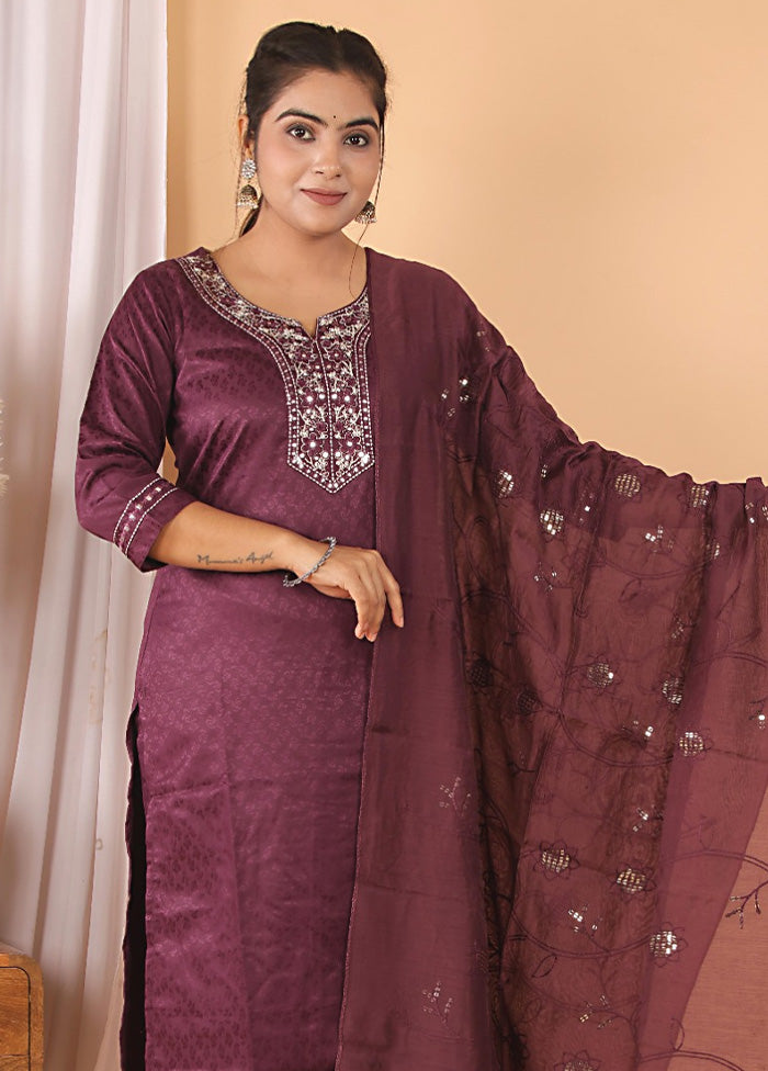 3 Pc Wine Readymade Rayon Suit Set