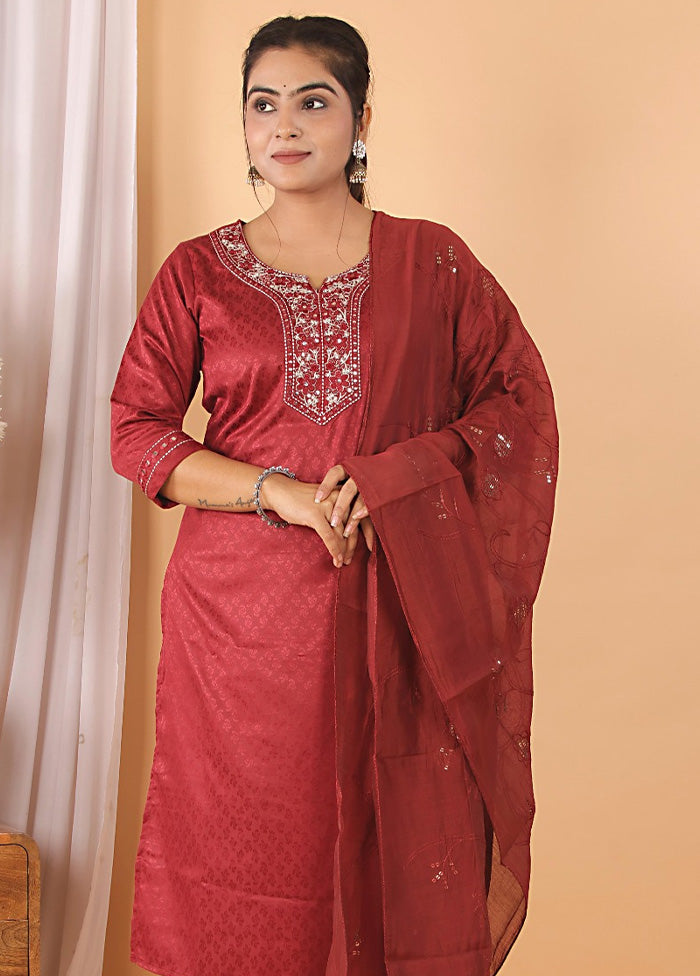 3 Pc Maroon Readymade Rayon Suit Set