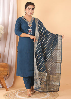 3 Pc Teal Readymade Silk Suit Set