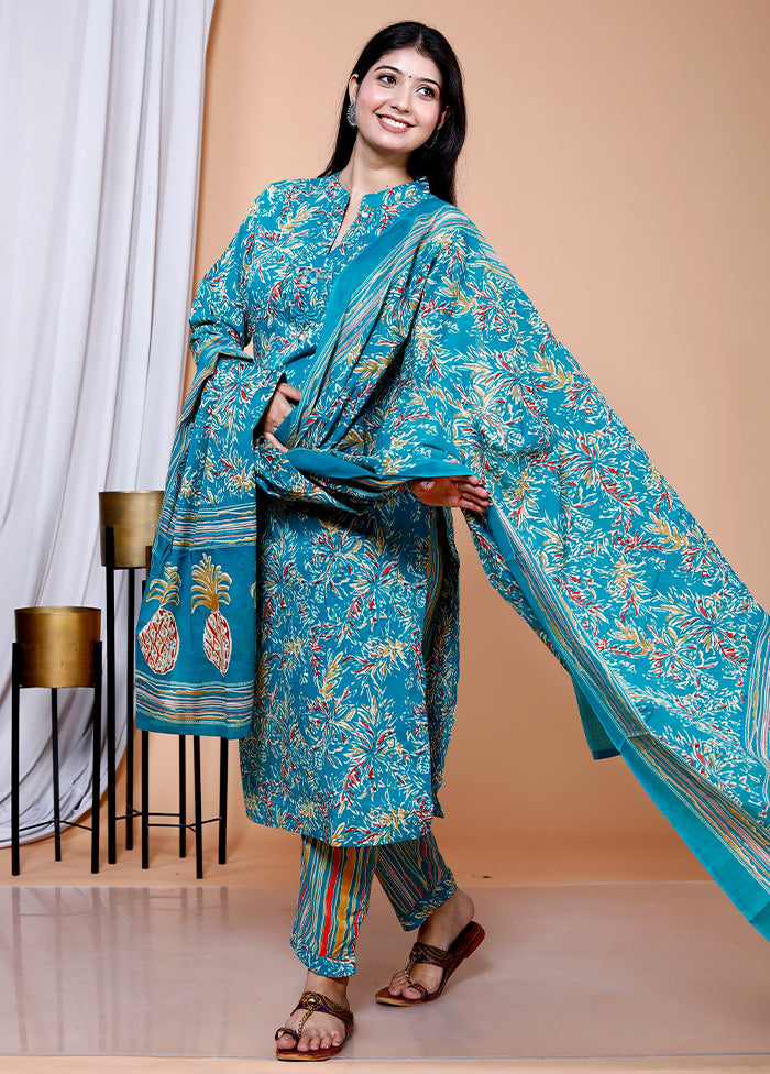 3 Pc Turquoise Blue Pure Readymade Cotton Suit Set