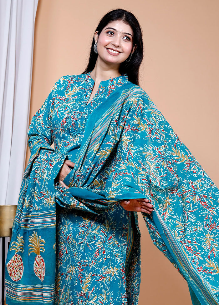 3 Pc Turquoise Blue Pure Readymade Cotton Suit Set