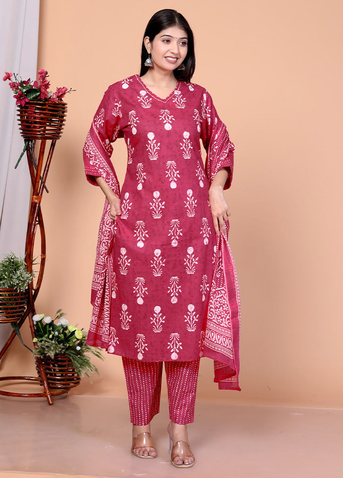 3 Pc Maroon Pure Readymade Cotton Suit Set