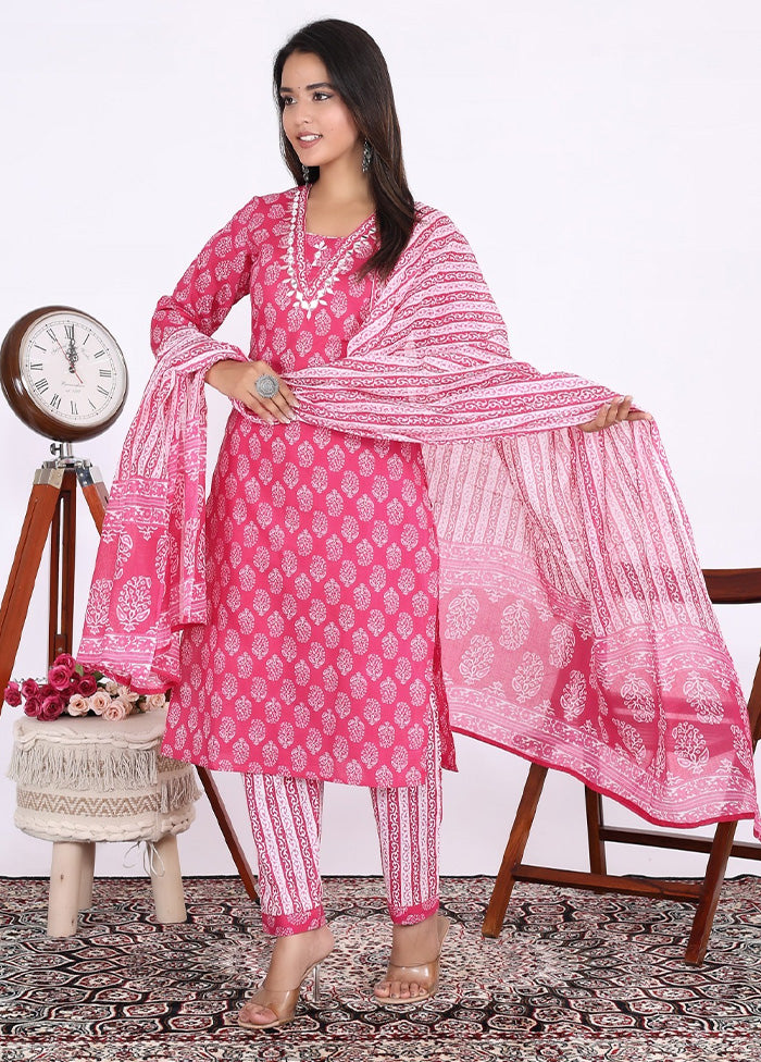 3 Pc Pink Pure Readymade Cotton Suit Set