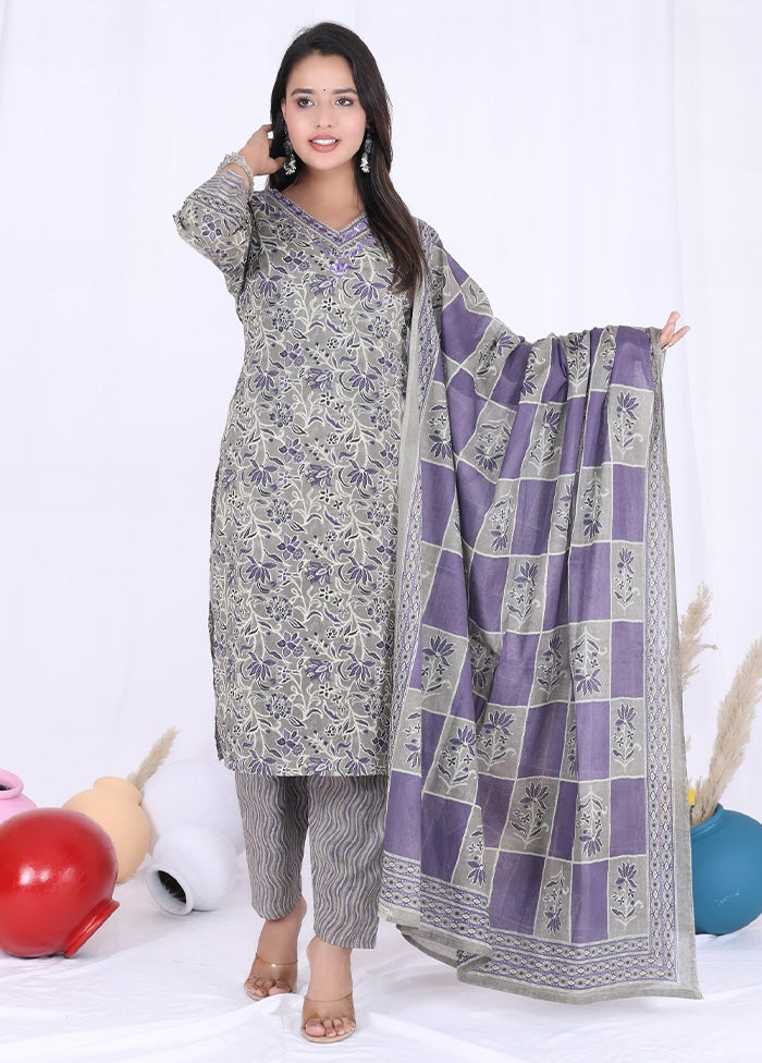 3 Pc Grey Pure Readymade Cotton Suit Set