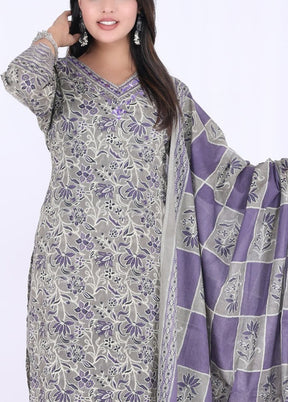 3 Pc Grey Pure Readymade Cotton Suit Set