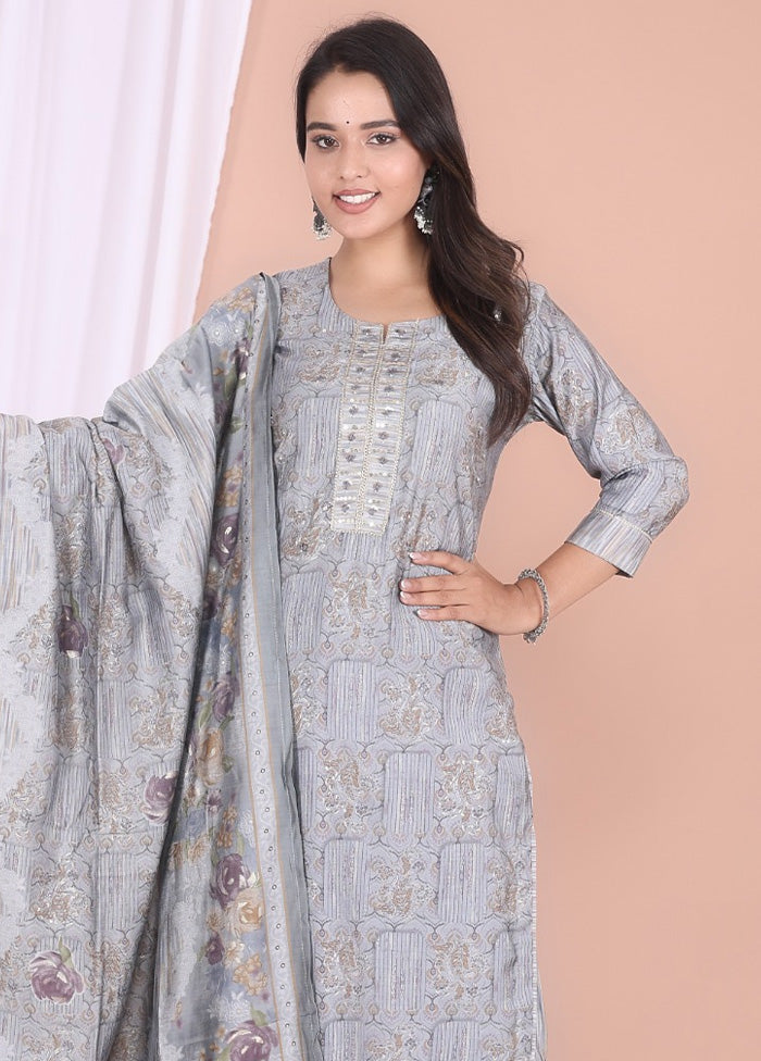 3 Pc Grey Readymade Silk Suit Set