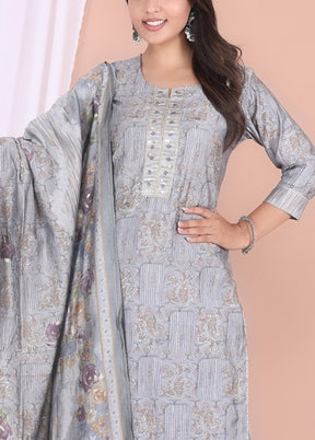 3 Pc Grey Readymade Silk Suit Set