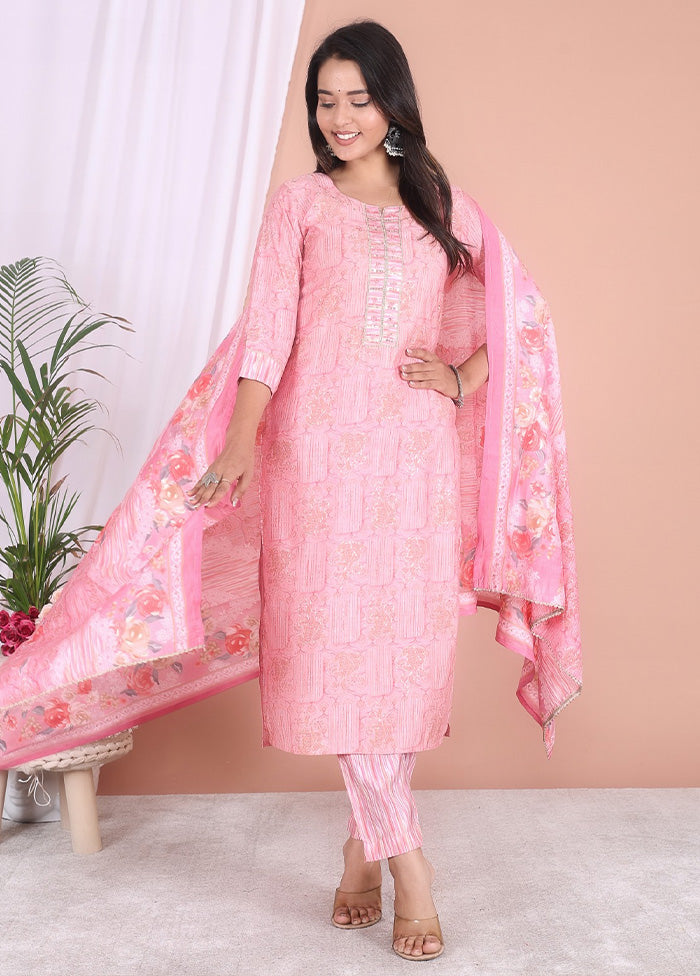 3 Pc Pink Readymade Silk Suit Set