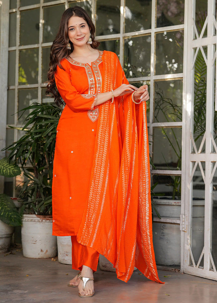 3 Pc Orange Readymade Viscose Suit Set