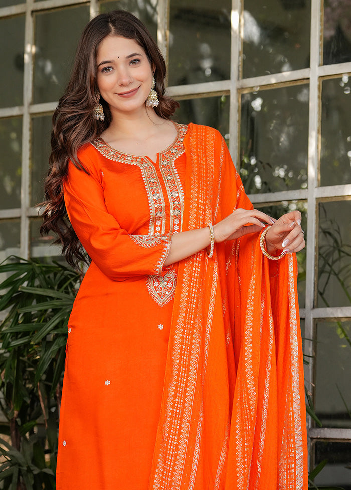 3 Pc Orange Readymade Viscose Suit Set