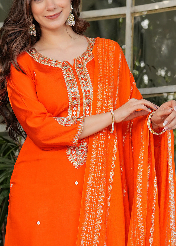 3 Pc Orange Readymade Viscose Suit Set