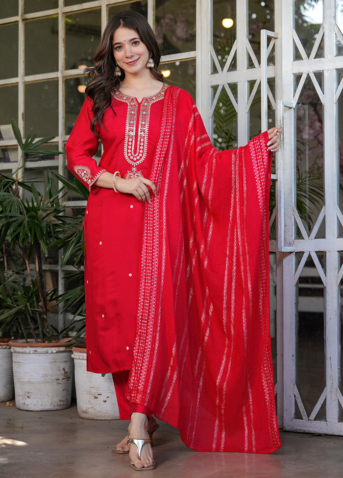 3 Pc Red Readymade Viscose Suit Set