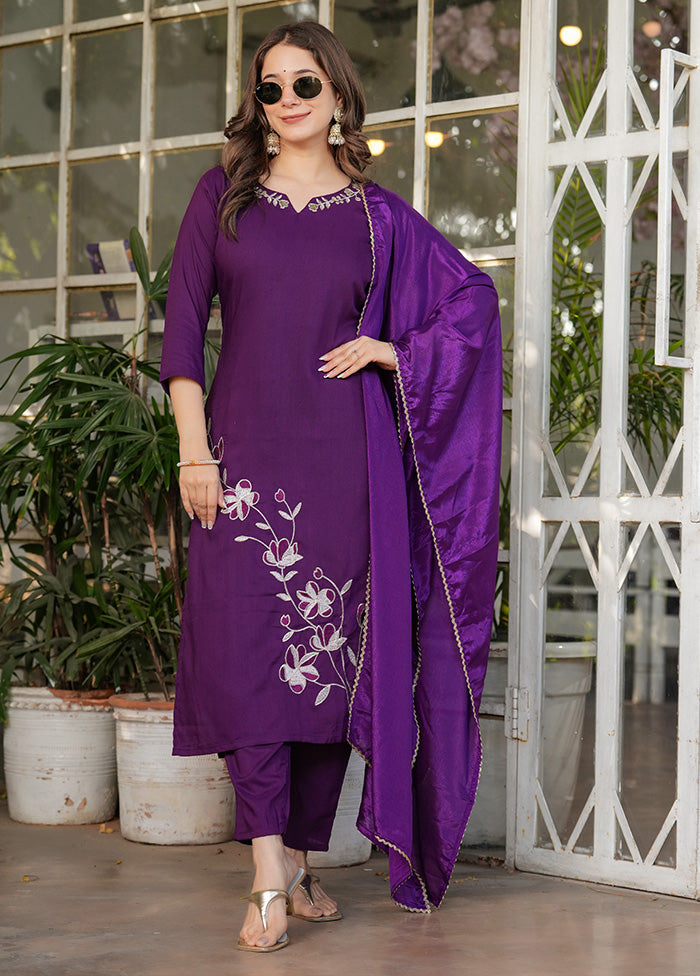 3 Pc Purple Readymade Viscose Suit Set