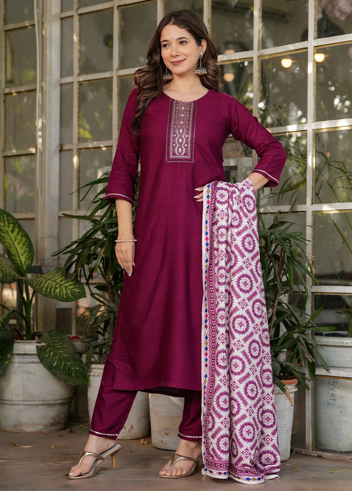 3 Pc Maroon Readymade Viscose Suit Set