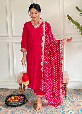 3 Pc Red Readymade Chanderi Suit Set