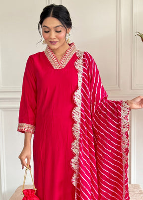 3 Pc Red Readymade Chanderi Suit Set