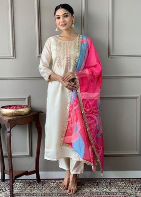 3 Pc Cream Readymade Viscose Suit Set