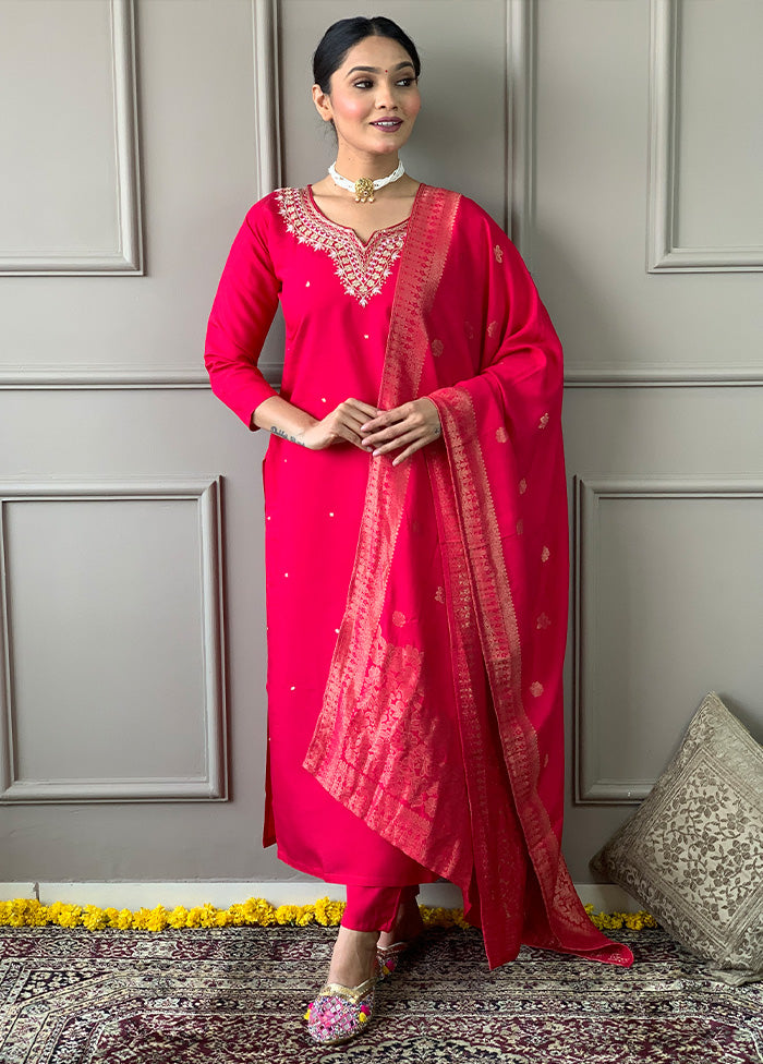 3 Pc Red Readymade Viscose Suit Set