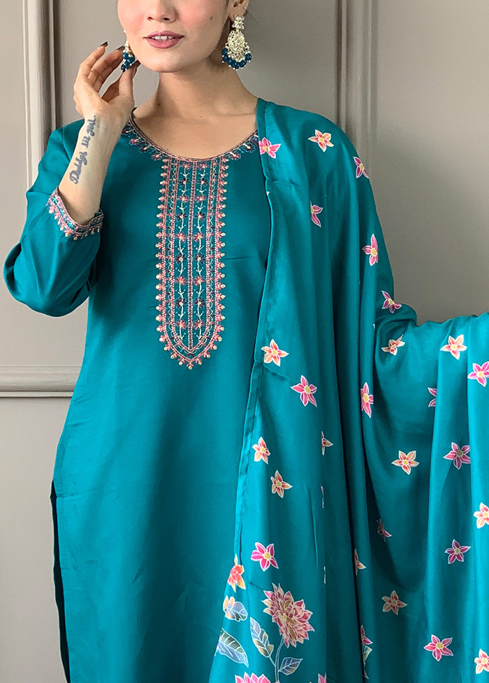 3 Pc Turquoise Blue Readymade Viscose Suit Set