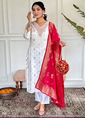 3 Pc White Readymade Silk Suit Set