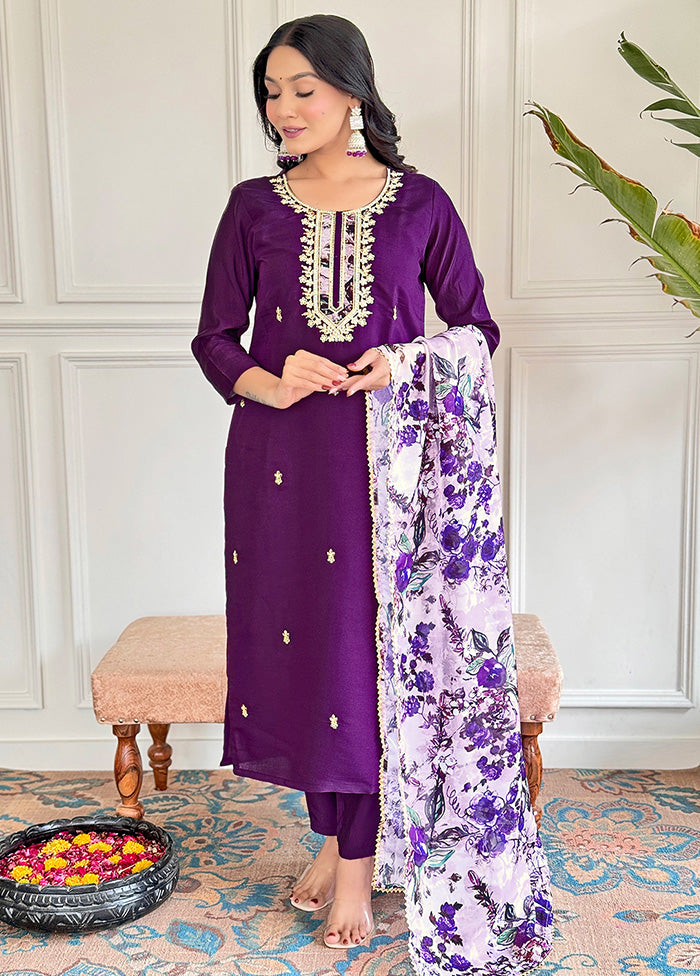 3 Pc Purple Readymade Viscose Suit Set