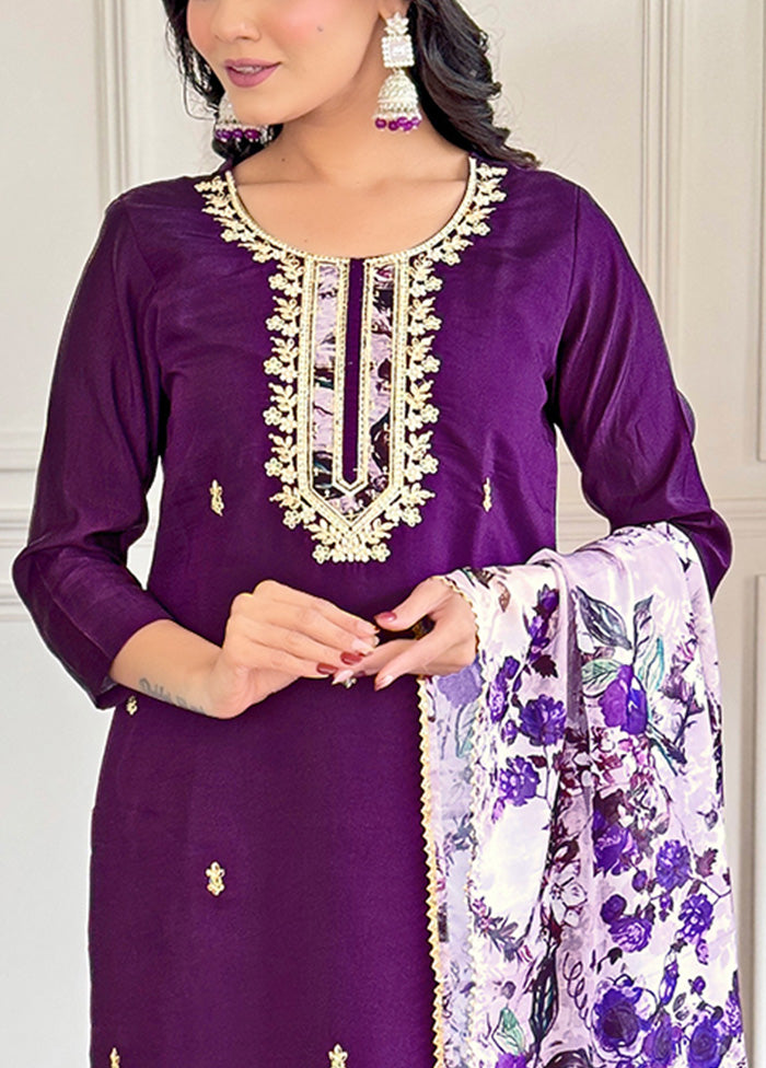 3 Pc Purple Readymade Viscose Suit Set