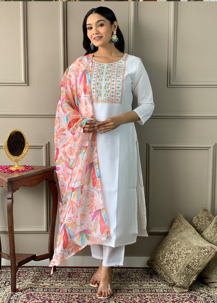 3 Pc White Readymade Viscose Suit Set