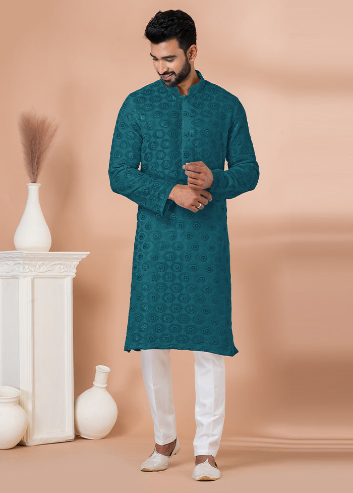 2 Pc Teal Georgette Kurta Pajama Set