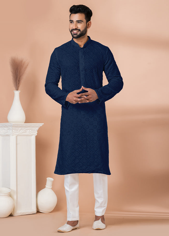 2 Pc Navy Blue Georgette Kurta Pajama Set