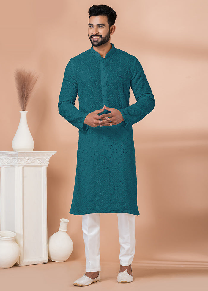 2 Pc Teal Georgette Kurta Pajama Set