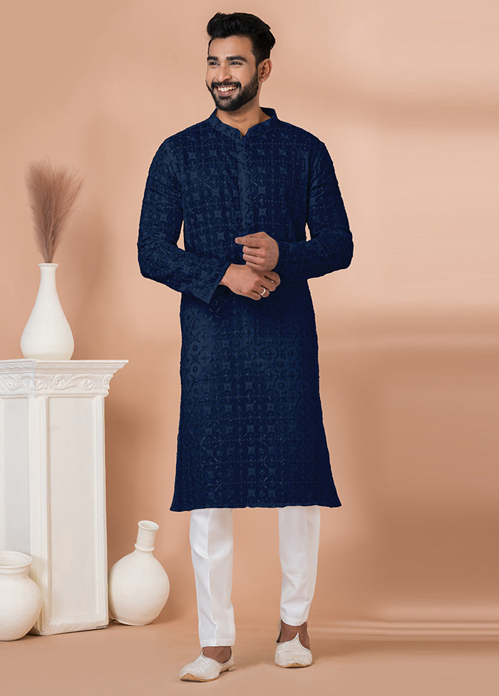 2 Pc Navy Blue Georgette Kurta Pajama Set