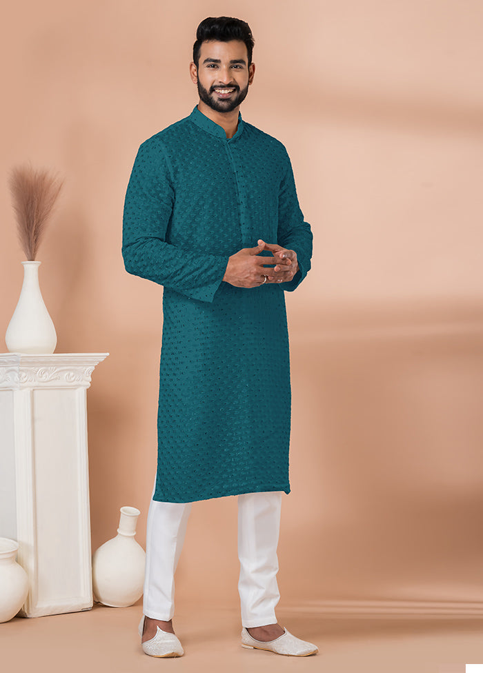 2 Pc Teal Georgette Kurta Pajama Set