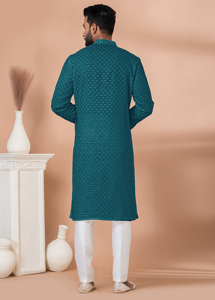 2 Pc Teal Georgette Kurta Pajama Set