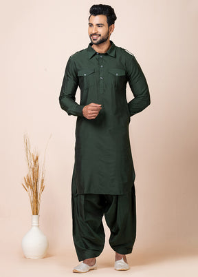 Green Viscose Full Sleeves Mandarin Collar Pathani Kurta And Pajama Set