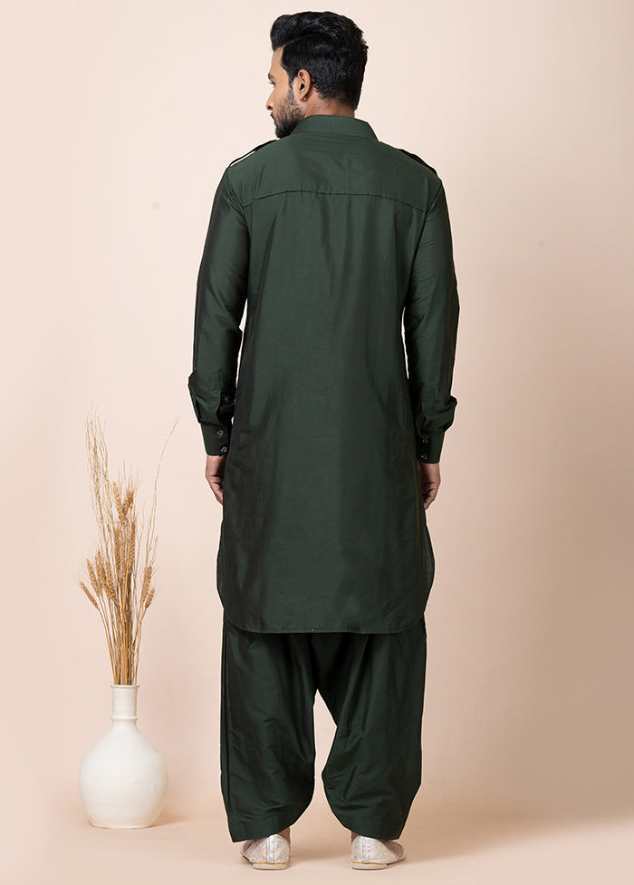 Green Viscose Full Sleeves Mandarin Collar Pathani Kurta And Pajama Set