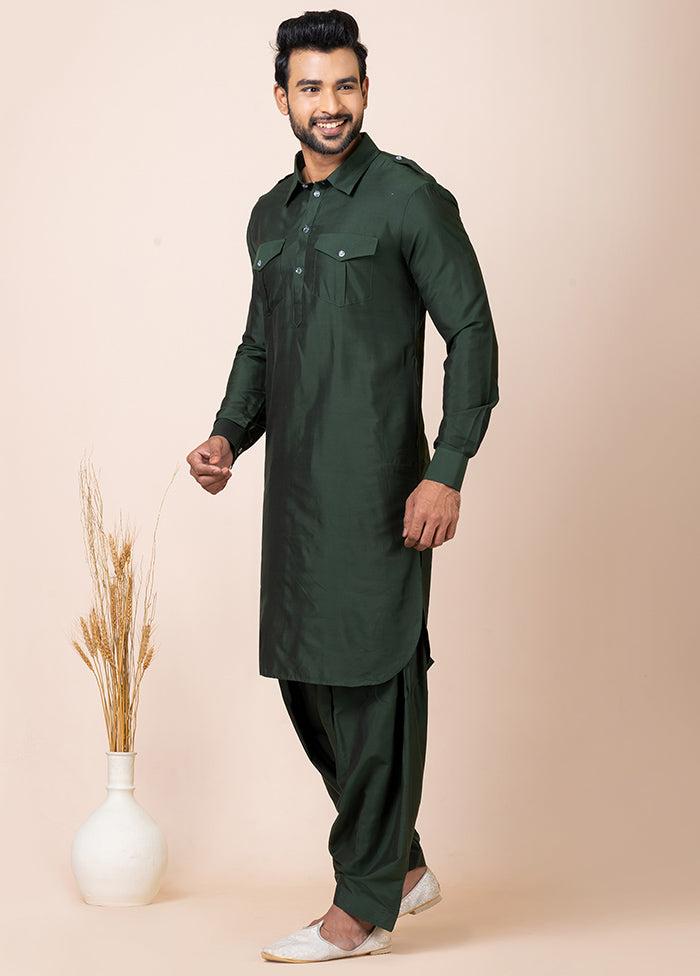 Green Viscose Full Sleeves Mandarin Collar Pathani Kurta And Pajama Set