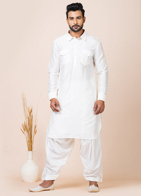 White Viscose Full Sleeves Mandarin Collar Pathani Kurta And Pajama Set