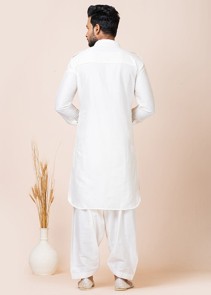 White Viscose Full Sleeves Mandarin Collar Pathani Kurta And Pajama Set