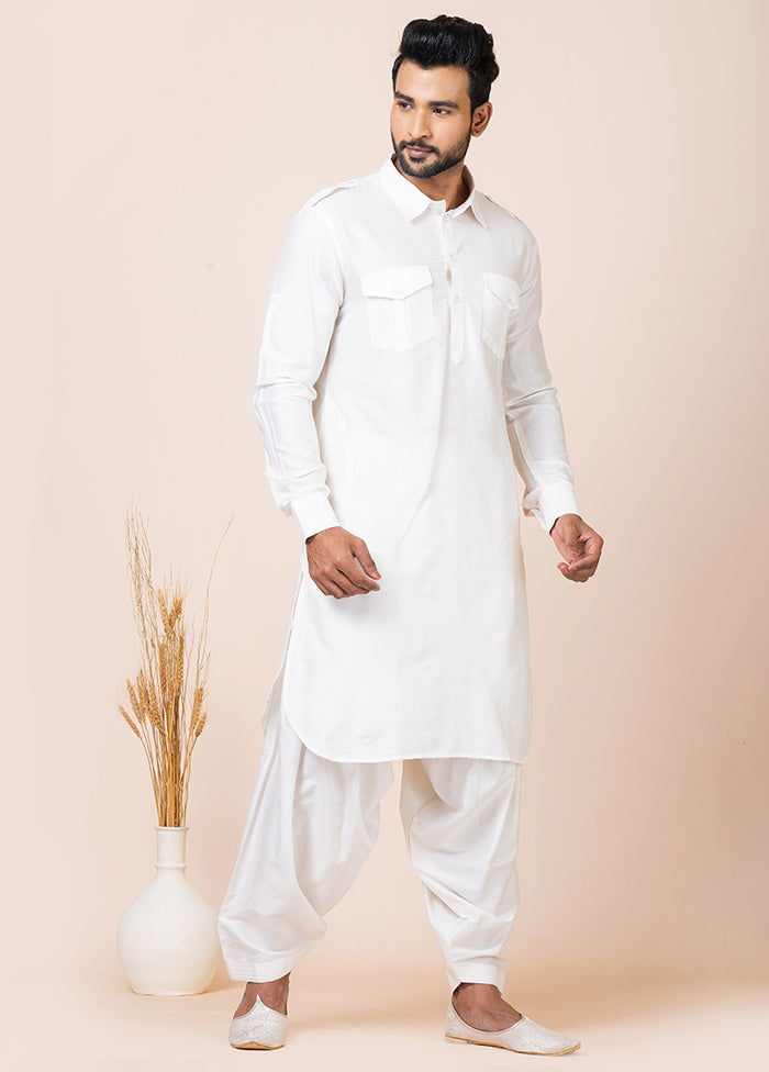 White Viscose Full Sleeves Mandarin Collar Pathani Kurta And Pajama Set