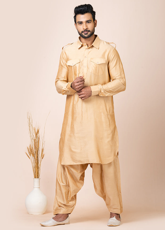 Chiku Viscose Full Sleeves Mandarin Collar Pathani Kurta And Pajama Set