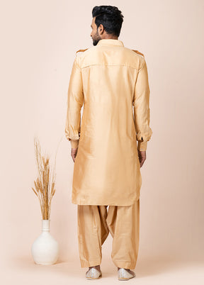 Chiku Viscose Full Sleeves Mandarin Collar Pathani Kurta And Pajama Set