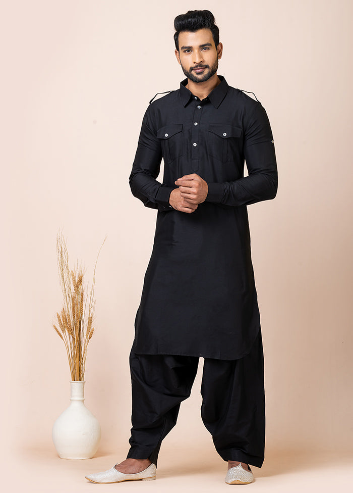 Black Viscose Full Sleeves Mandarin Collar Pathani Kurta And Pajama Set