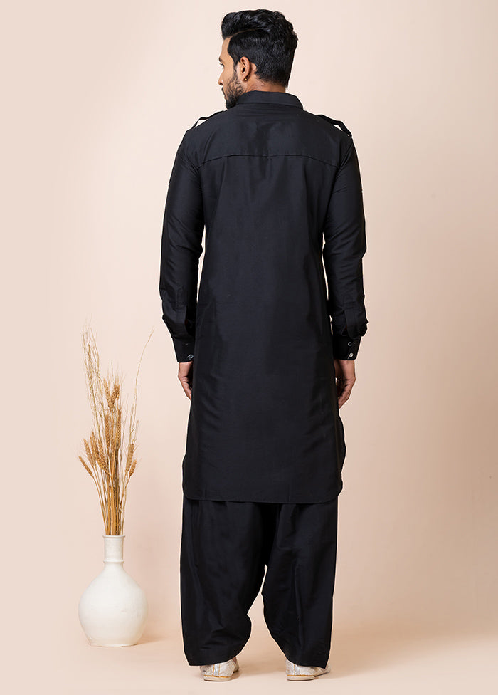 Black Viscose Full Sleeves Mandarin Collar Pathani Kurta And Pajama Set