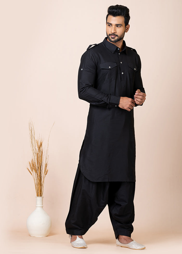 Black Viscose Full Sleeves Mandarin Collar Pathani Kurta And Pajama Set